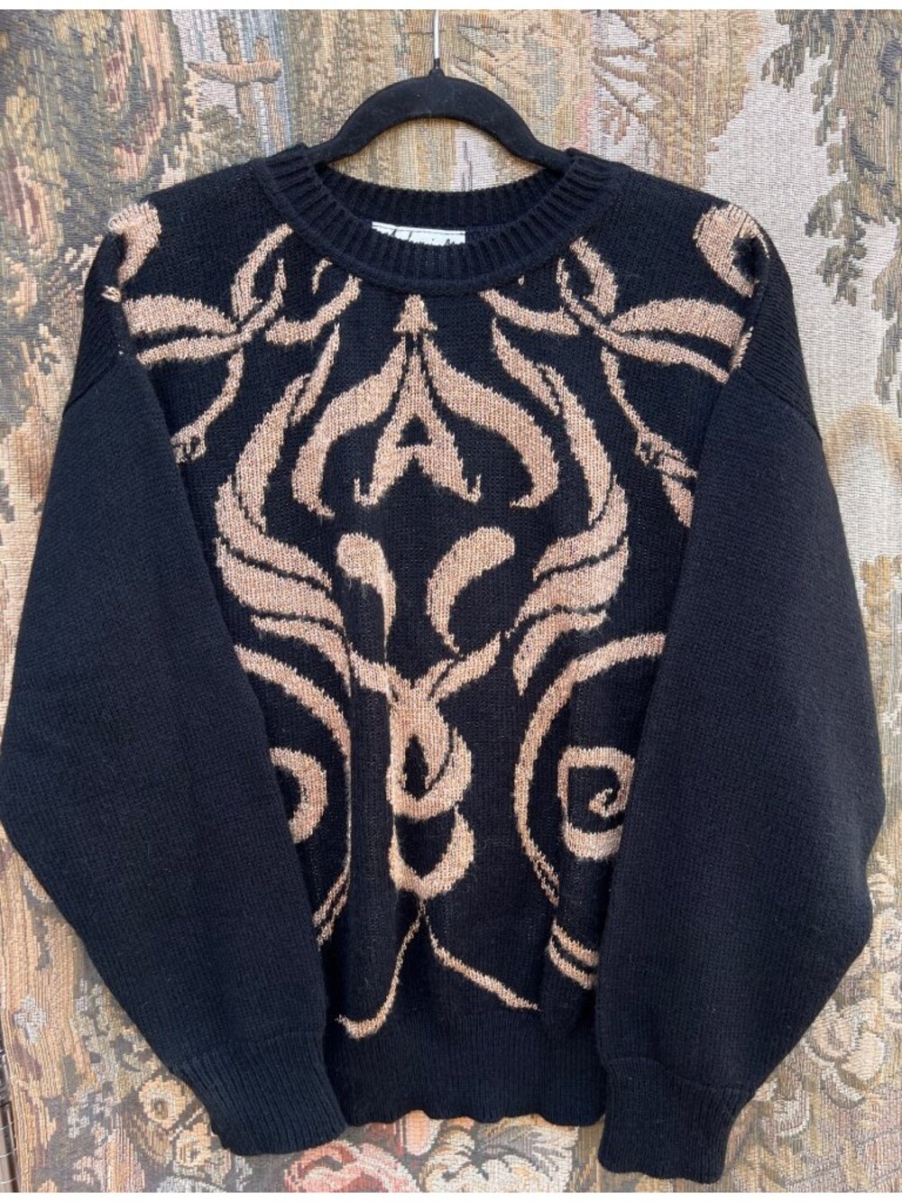 Y2K Madamoiselle Sweater XL Black & Sparkly Gold Baroque Knit VTG 90s Glam Rock - Picture 3 of 10